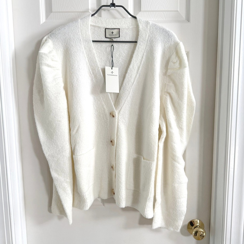 Tuckernuck Pippa Cardigan White Puff Shoulder Wool Mohair Blend Sweater XXL NWT - Picture 2 of 10